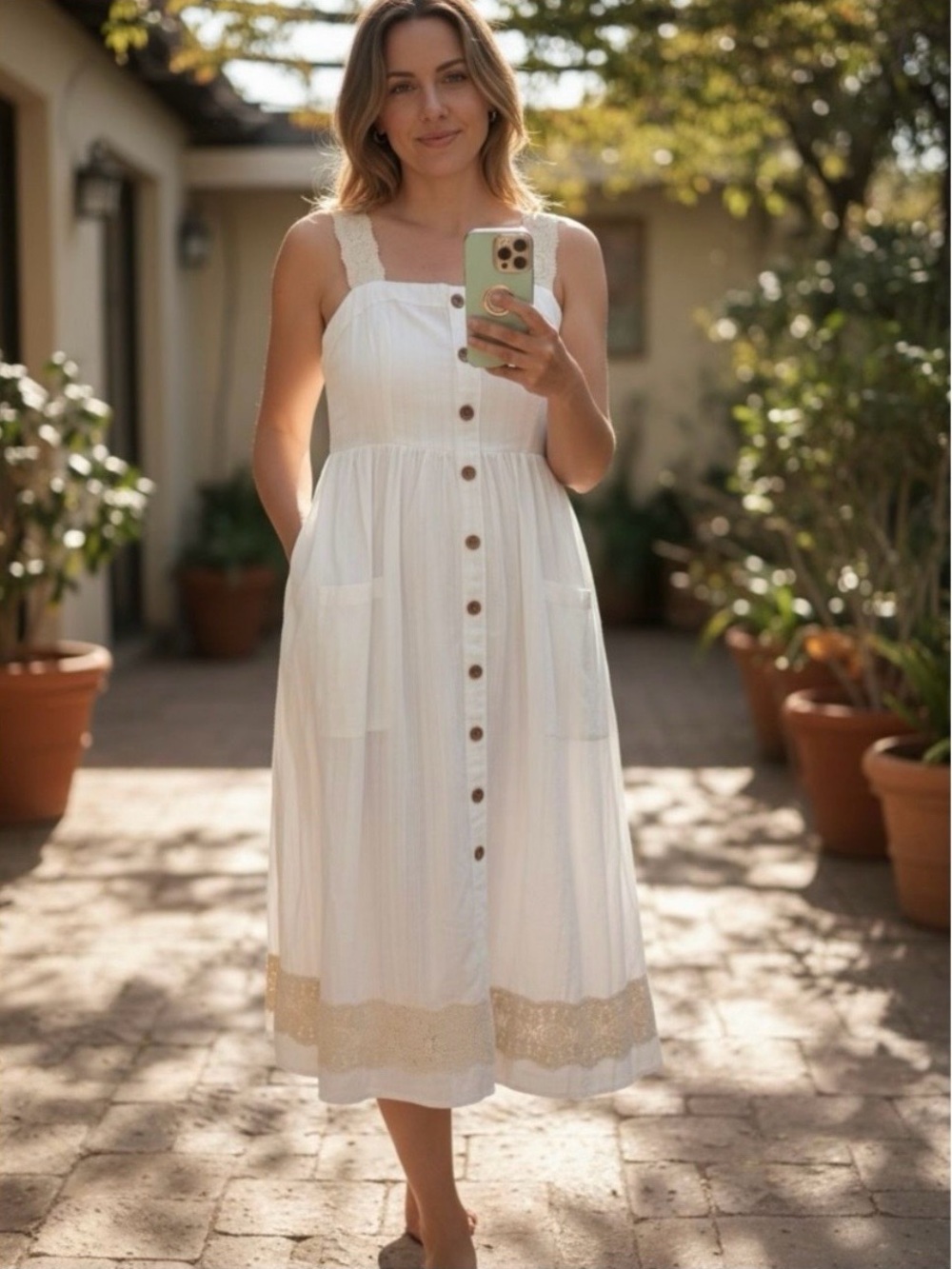 Haute Hippie Women’s White Button-Front Sundress with Lace Trim Sz 6